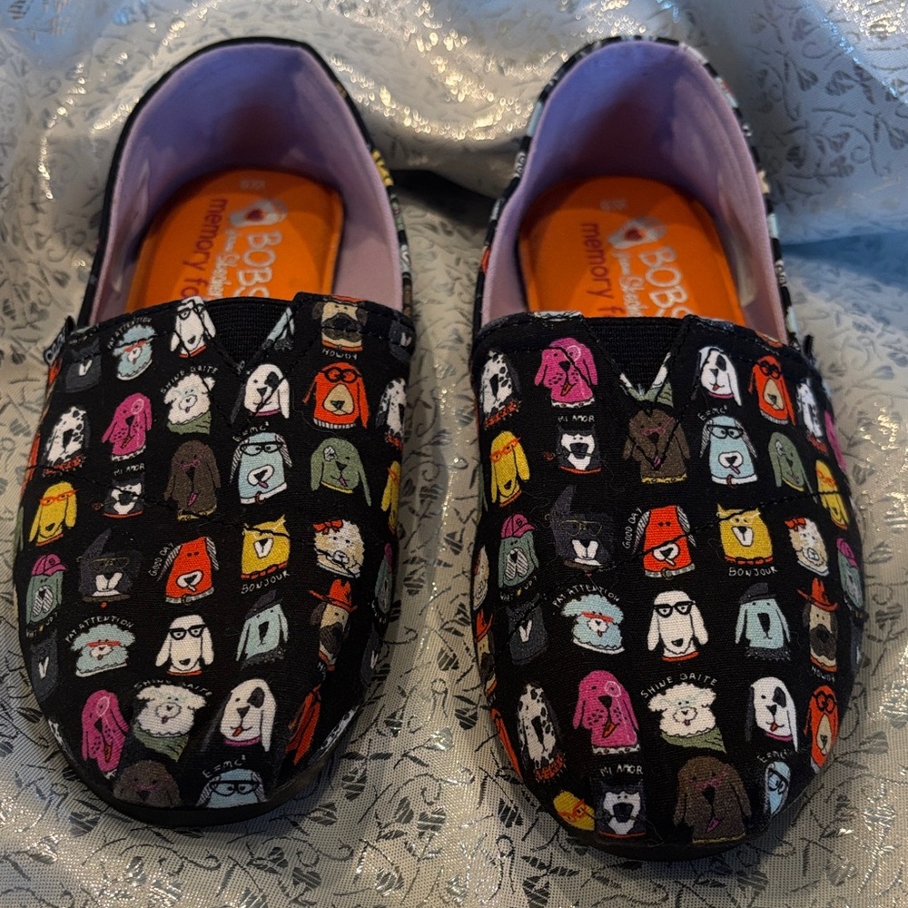 Skechers BOBS Black Slip-On Shoes with Colorful Print